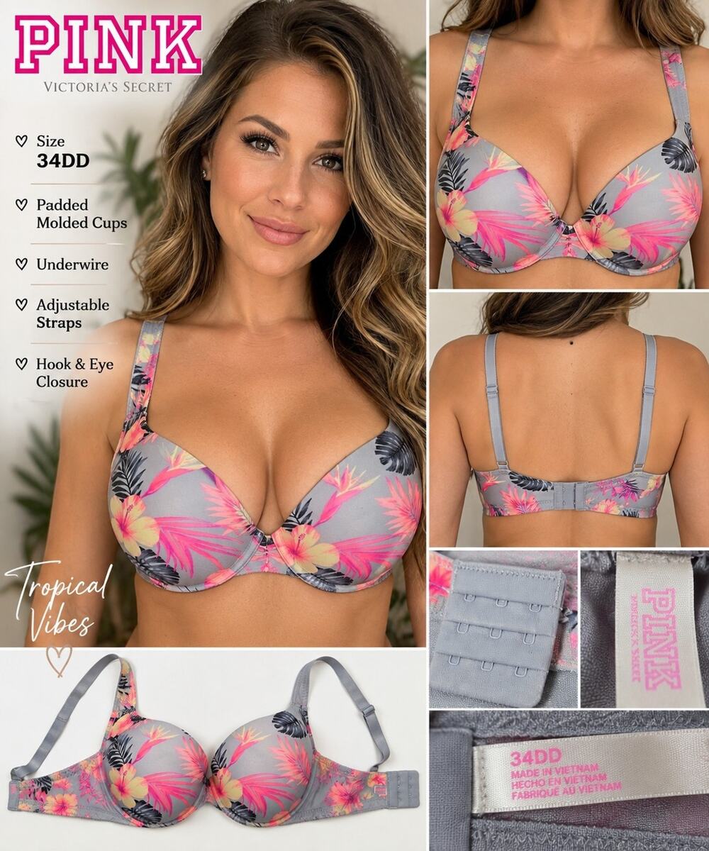 Victoria’s Secret PINK Bra 34DD Gray Pink Tropical Floral Underwire Padded